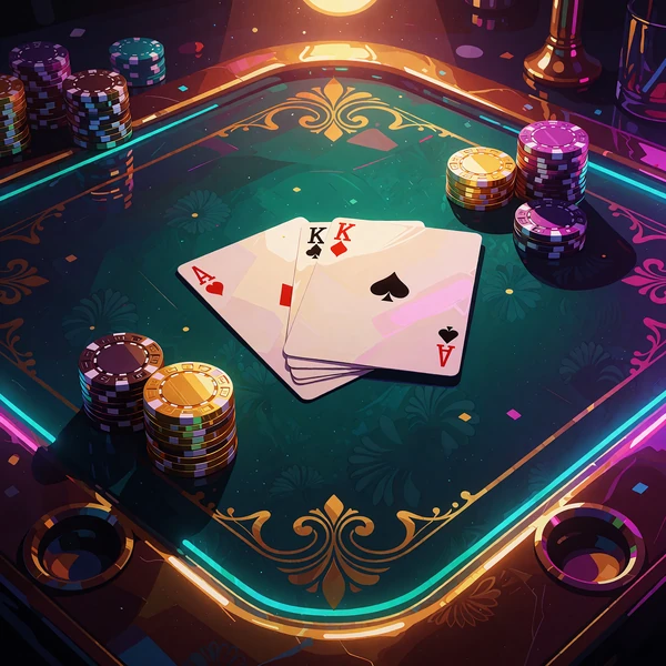 Dwie wachlarzowo ułożone karty i stosy żeton&oacute;w na zielonym suknie - gra stołowa blackjack online