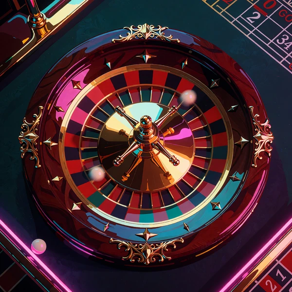 Mahoniowe koło ruletki widziane z g&oacute;ry z kulką w ruchu - ruletka online w Wyns Casino