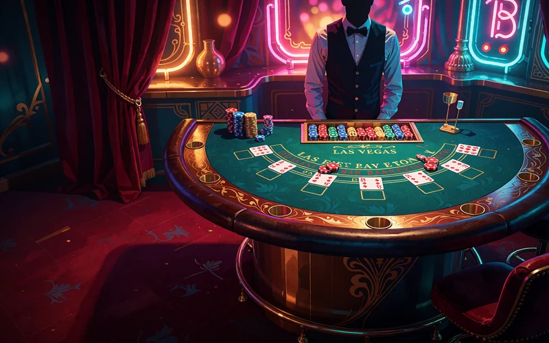 P&oacute;łokrągły zielony st&oacute;ł do blackjacka z krupierem w kamizelce przed karmazynowymi zasłonami - blackjack live